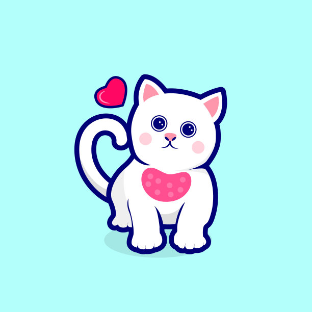 可爱的白猫矢量插图与爱的图标。涂鸦卡通风格的猫可打印T恤，横幅，海报贺卡，情人节图片下载