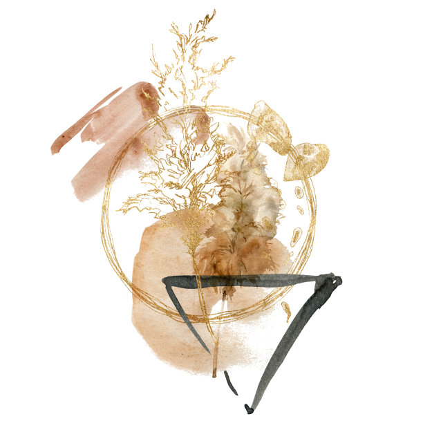 水彩热带组成金色潘帕斯草和抽象的形状。手绘线性卡植物隔离在白色背景。花卉插图的设计，印刷，织物或背景。图片下载