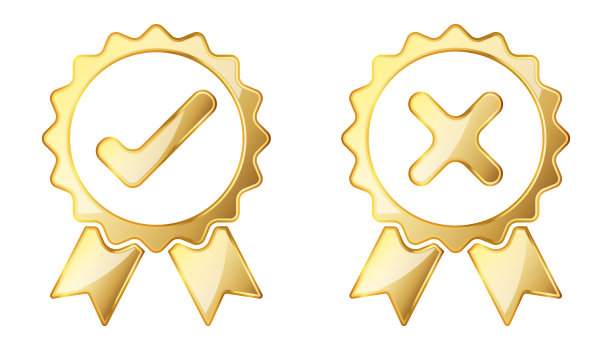 检查和交叉图标。黄金认可和拒绝符号图片下载