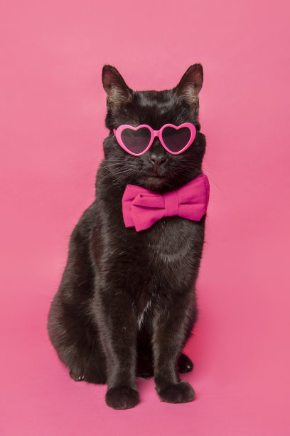 戴粉色情人节眼镜的黑猫和领结图片下载