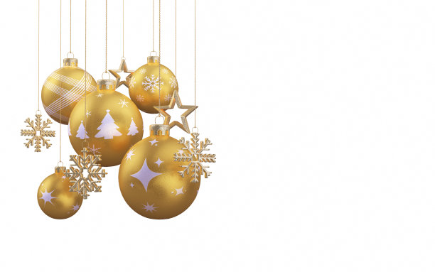 圣诞球装饰，雪花，星星形状白色背景剪辑路径图片下载