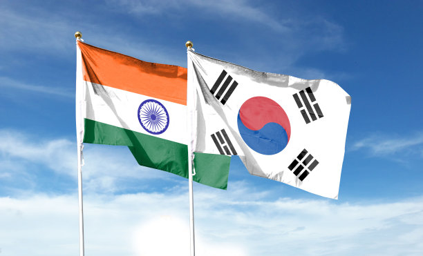 白色背景上的印度和韩国国旗。把那挥舞的旗帜关掉。的象征。框架与空白的文本。图片下载