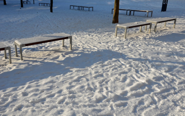 在自然公园里的长方形雪地长椅上，游客可能会感冒或冻伤。在森林里。一个为喜欢暴风雪的情侣准备的浪漫之地图片下载