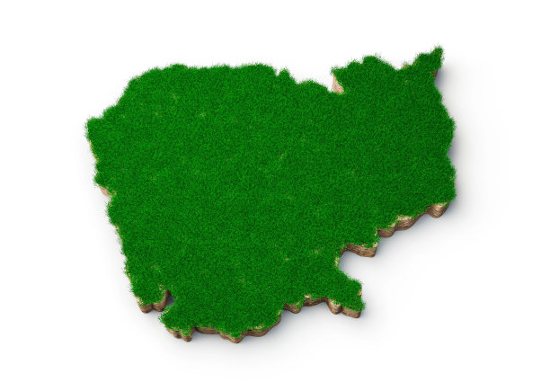 柬埔寨地图的3D插图，绿色的草地和岩石地面隔离在白色背景上图片下载
