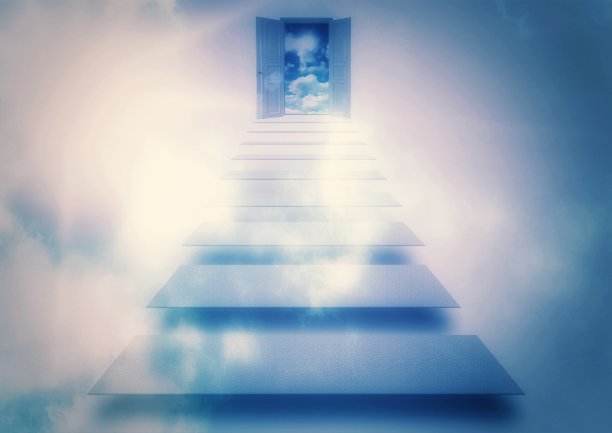 在未来概念中通往天堂的抽象楼梯的3d插图图片下载