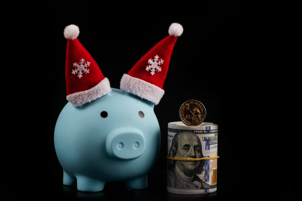 一个蓝色的存钱罐，耳朵上戴着圣诞帽，还有一堆100美元的钞票图片下载