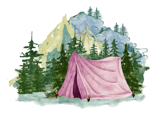 露营剪纸艺术。手绘野外露营插画。森林，徒步旅行设计。松林草地上的水彩画帐篷。图片下载