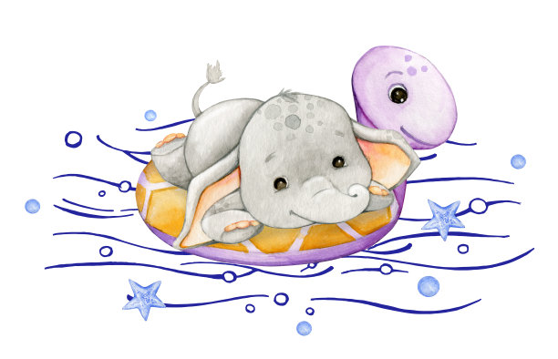 一只可爱的小象漂浮在充气筏上。水彩剪纸在卡通风格，在一个孤立的背景。图片下载