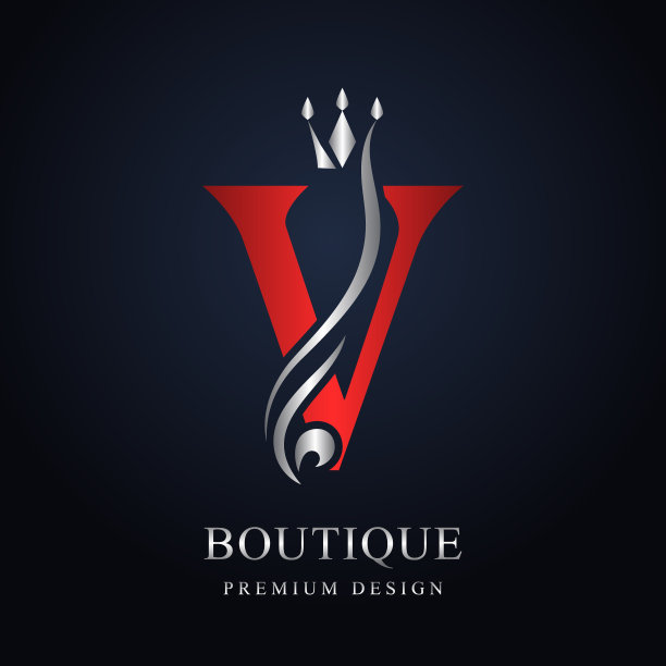 红色大写字母V配银色皇冠。优雅的皇家风格。漂亮的书法标志。为书籍设计，品牌名称，名片，餐厅，精品店复古优雅的徽章。矢量图图片下载