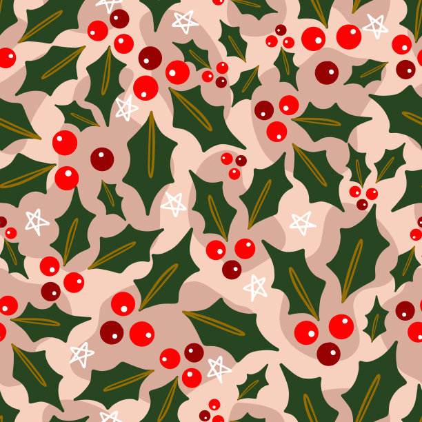 假日冬季浆果和叶子矢量无缝模式图片下载