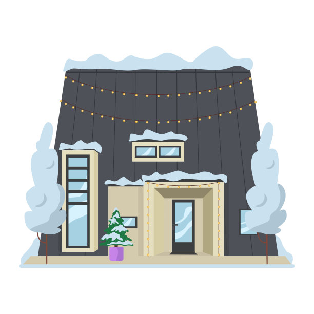 插图来自一组不同的房子与花环在冬天。图片下载