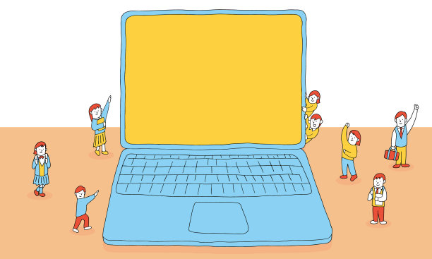 教育理念的矢量说明框架。高中生们围在笔记本电脑前。电脑显示器图片下载