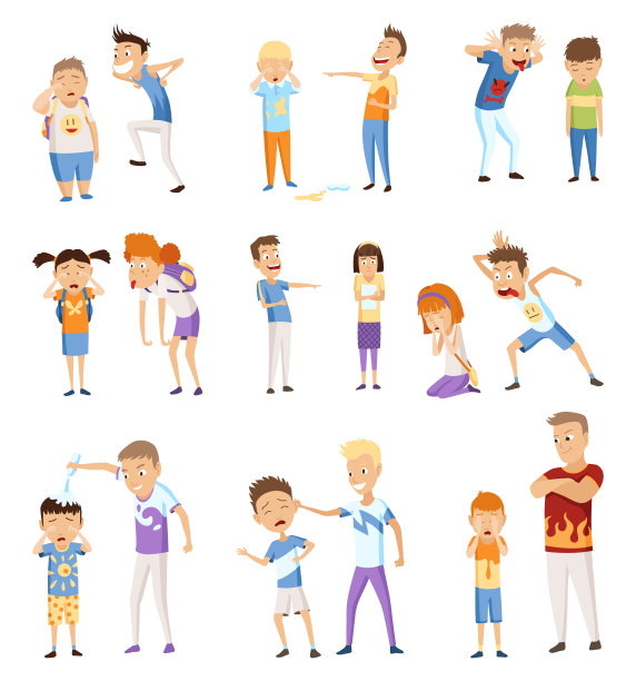 孩子欺凌集。孩子之间的言语和肢体冲突。坏孩子的行为，害怕和强烈愤怒的孩子冲突，卡通人物对抗图片下载