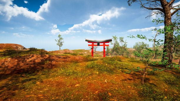 日本传统门鸟居，神道教的象征。自然景观3D渲染图片下载