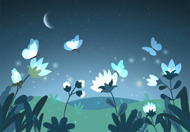 矢量插图与神奇发光的蝴蝶在晚上在花园里飞行。令人惊叹的花与蝴蝶的灯在夜空。灵感卡。手绘风格。时髦的矢量插图。图片下载