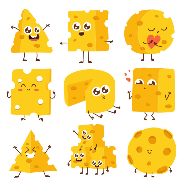 可爱的快乐奶酪角色。有趣的食物表情符号在平面风格。乳制品表情符号插图图片下载
