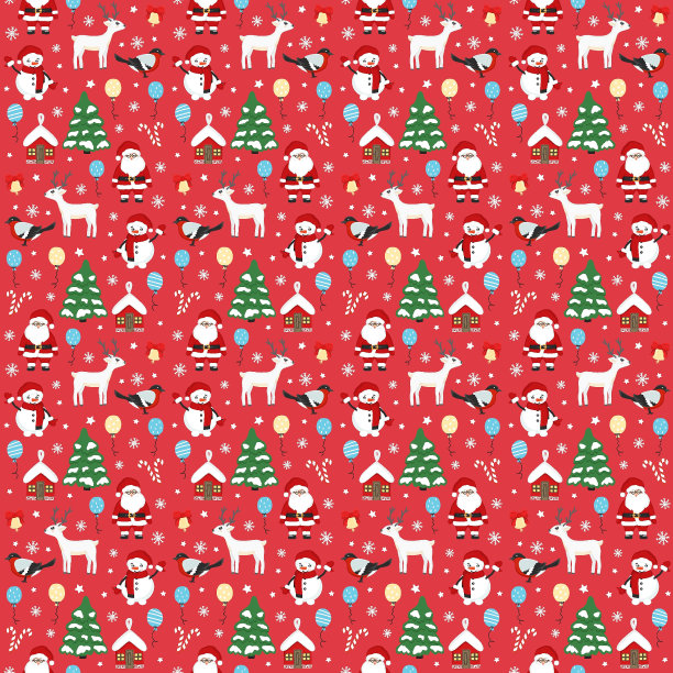 手绘无缝图案的圣诞树，圣诞老人，鹿，雪人，鸟，铃铛，雪花。新年快乐和圣诞插图贺卡，邀请，壁纸，包装纸图片下载