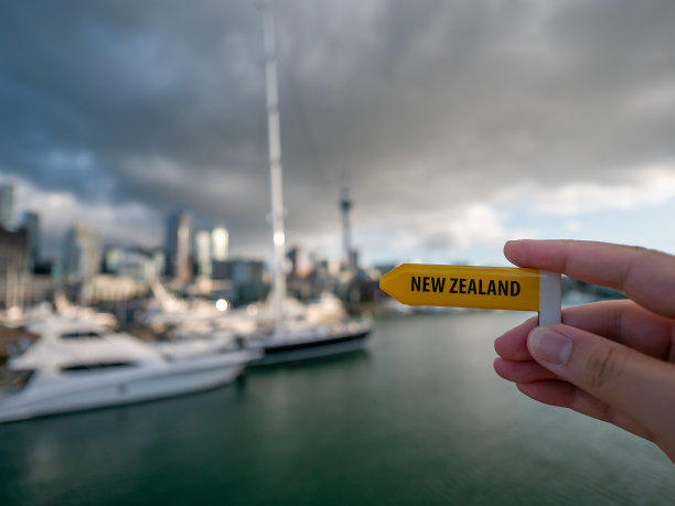 在新西兰奥克兰的高架桥码头，一名女子举着新西兰的牌子图片下载