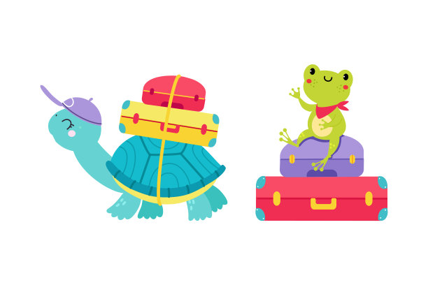 可爱的乌龟和青蛙旅行者的行李和图片下载