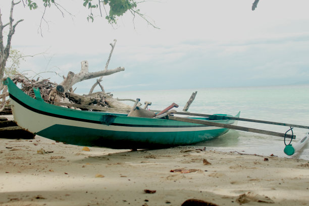 照片上的渔船在海滩附近的大海图片下载