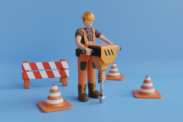 3D道路工人与动力手提钻工作。交通锥的三维渲染。手持液压破碎机的建筑工人。三维演示图片下载
