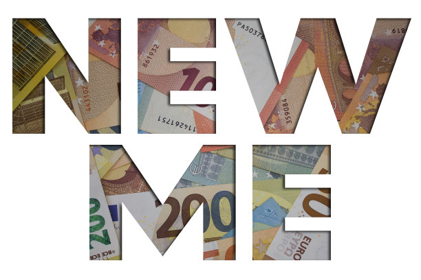 关于钱的新词汇。纸币背景与不同的钞票。图片下载