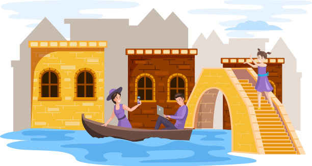 一对情侣在船上航行，用笔记本电脑远程工作。自由职业者，在任何地方工作，度假图片下载