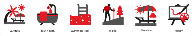红色和黑色的六个度假图标分别代表度假、洗澡、游泳池图片下载