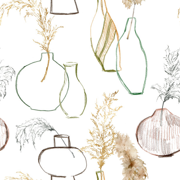 水彩画线性无缝图案的潘帕斯草和铅笔瓶。手绘干燥植物孤立在白色背景上。花卉插图的设计，印刷，织物或背景。图片下载