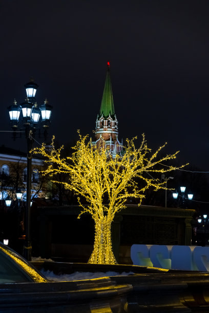 莫斯科的黄色人造照明树图片下载