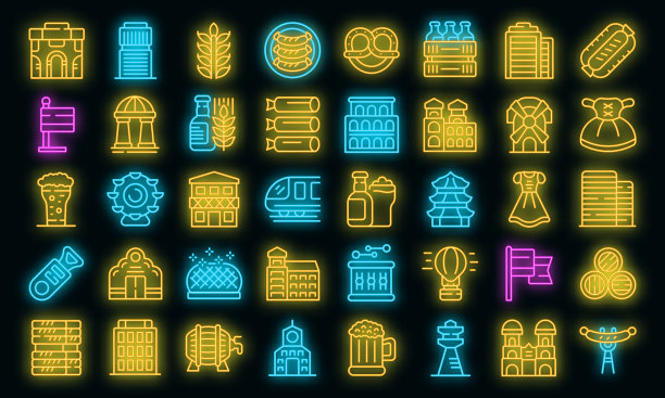 慕尼黑图标设置矢量霓虹灯图片下载