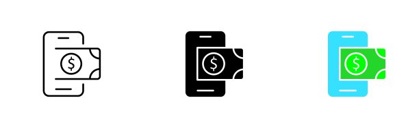 手机与美元钞票设置图标。理财知识，银行卡，美钞，现金，银行转账，自动取款机，转账，交易。管理财务。矢量图标在直线，黑色和彩色的风格图片下载