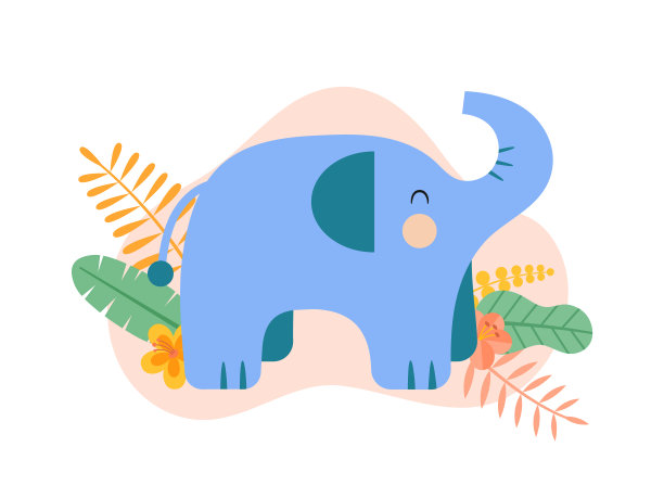 可爱的大象热带树叶和花朵。图片下载