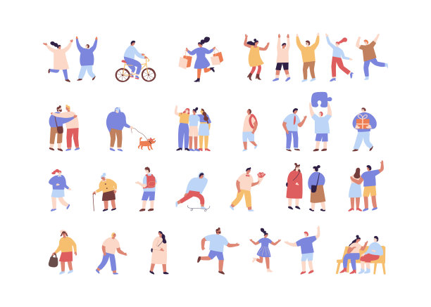 平面人物剪影矢量收集。男女平面人物孤立在白色背景上。图片下载