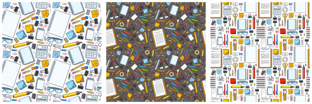 工作办公桌面顶视图与许多不同的文具元素无缝矢量壁纸设置，商务工作主题图像与多样性对象插图图片。图片下载