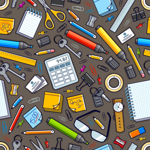 工作办公桌面顶视图与许多不同的文具元素无缝矢量壁纸，商务工作主题图像与多样性对象插图图片。图片下载