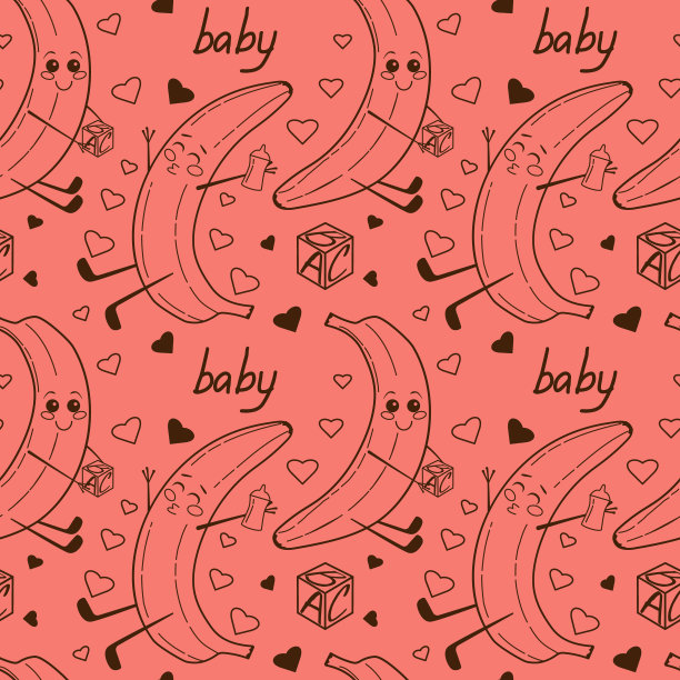 可爱的卡哇伊宝宝香蕉与瓶子和立方体矢量无缝模式的粉红色背景图片下载