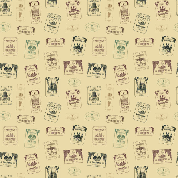 无缝图案的葡萄酒主题与各种酒标图片下载