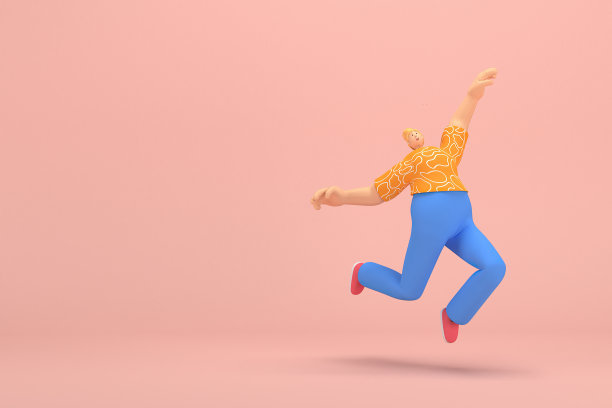 金发扎成发髻的女人穿着蓝色灯芯绒裤子和橙色白色条纹t恤。她在跳。动画角色在表演中的三维渲染。图片下载