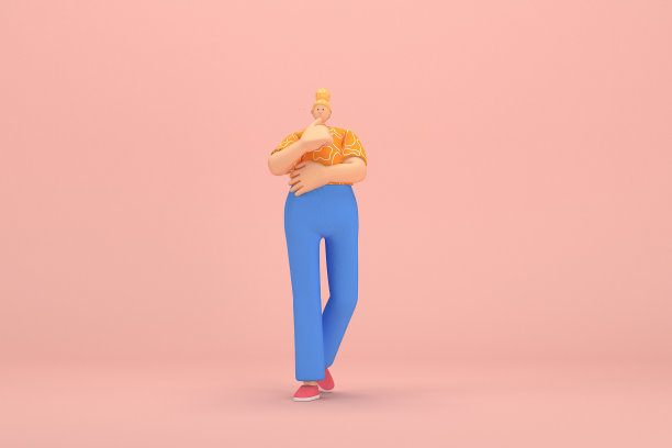 金发扎成发髻的女人穿着蓝色灯芯绒裤子和橙色白色条纹t恤。她说话时总是用手做手势。动画角色在表演中的三维渲染。图片下载