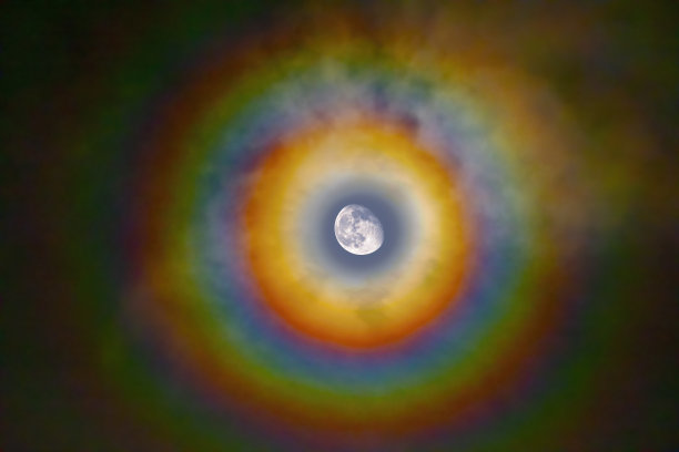 夜晚，月亮周围有五颜六色的光环图片下载