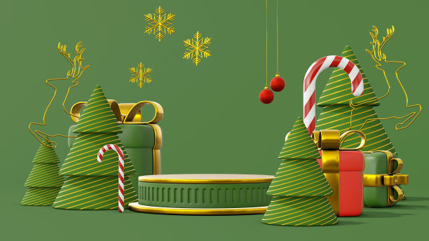 新年概念模型。空荡荡的绿色和金色圆形讲台上装饰着圣诞装饰品。圣诞树、拐杖糖、雪花、礼品盒和红球。模拟。三维渲染图片下载