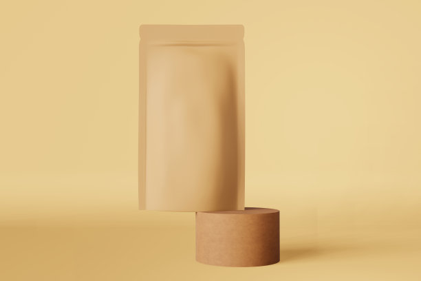 平衡牛皮纸袋咖啡豆三维渲染讲台米色设计。商品doy包装产品标志推广。图片下载