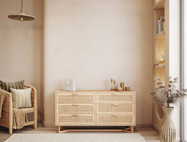 斯坎迪-波西米亚风格的客厅内饰，墙壁模型图片下载