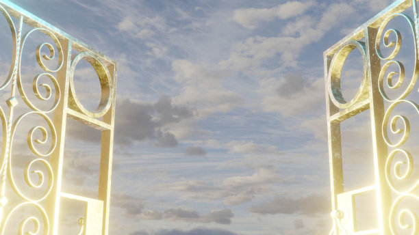 天堂的门。天堂的门在蓝色的天空与云的背景。图片下载