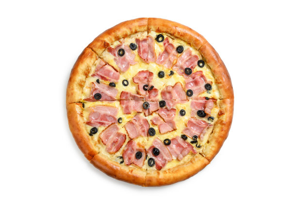 白底培根橄榄披萨。从高处俯瞰图片下载