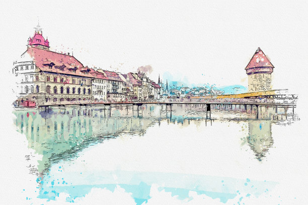 瑞士著名的卢塞恩镇水彩美景。图片下载