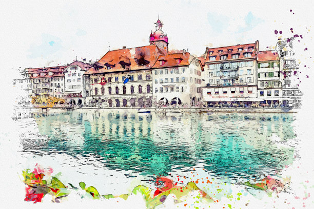 瑞士著名的卢塞恩镇水彩美景。图片下载