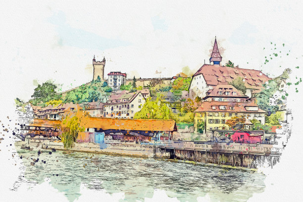 瑞士著名的卢塞恩镇水彩美景。图片下载