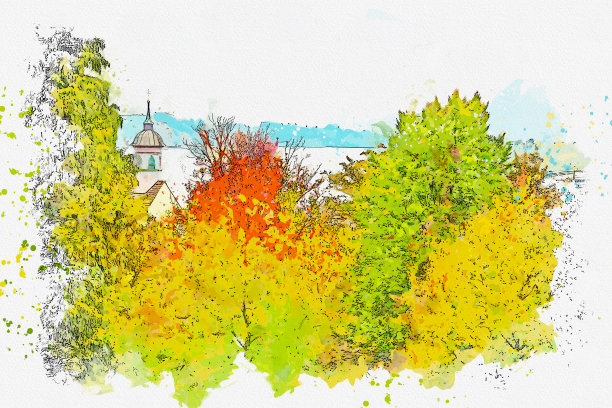 瑞士著名的卢塞恩镇水彩美景。图片下载